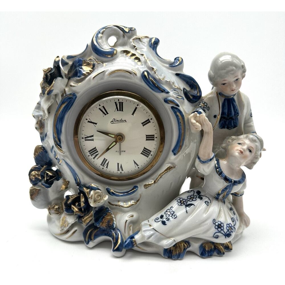 Vintage Linden Shelf Porcelain Figurines Blue and White Alarm Clock Non Working